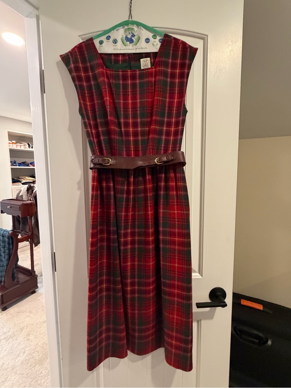 Sleeveless Red Plaid Midi Dress with Brown Waist Belt